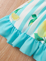 2pcs Baby Girls Fruit Print Ruffle Trim Dress & Headband Set