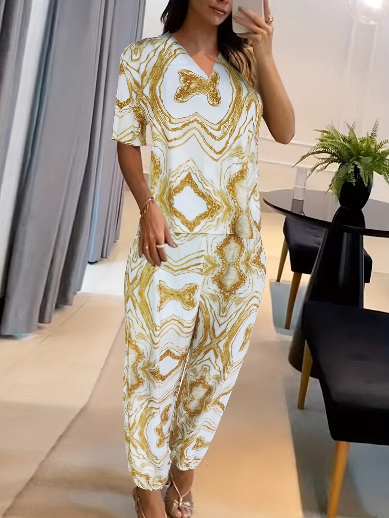 Marble Print Casual Two Piece Set Tee & Pants Outfits