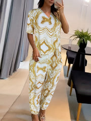 Marble Print Casual Two Piece Set Tee & Pants Outfits