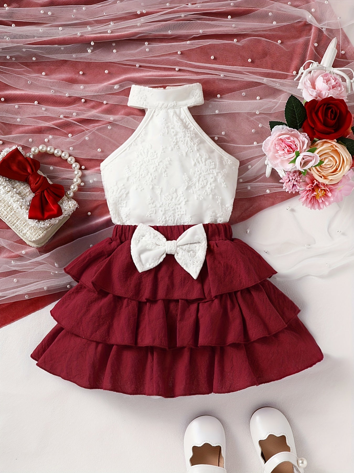 2pcs Baby Girls Lace Halter Top & Bowknot Skirt Set