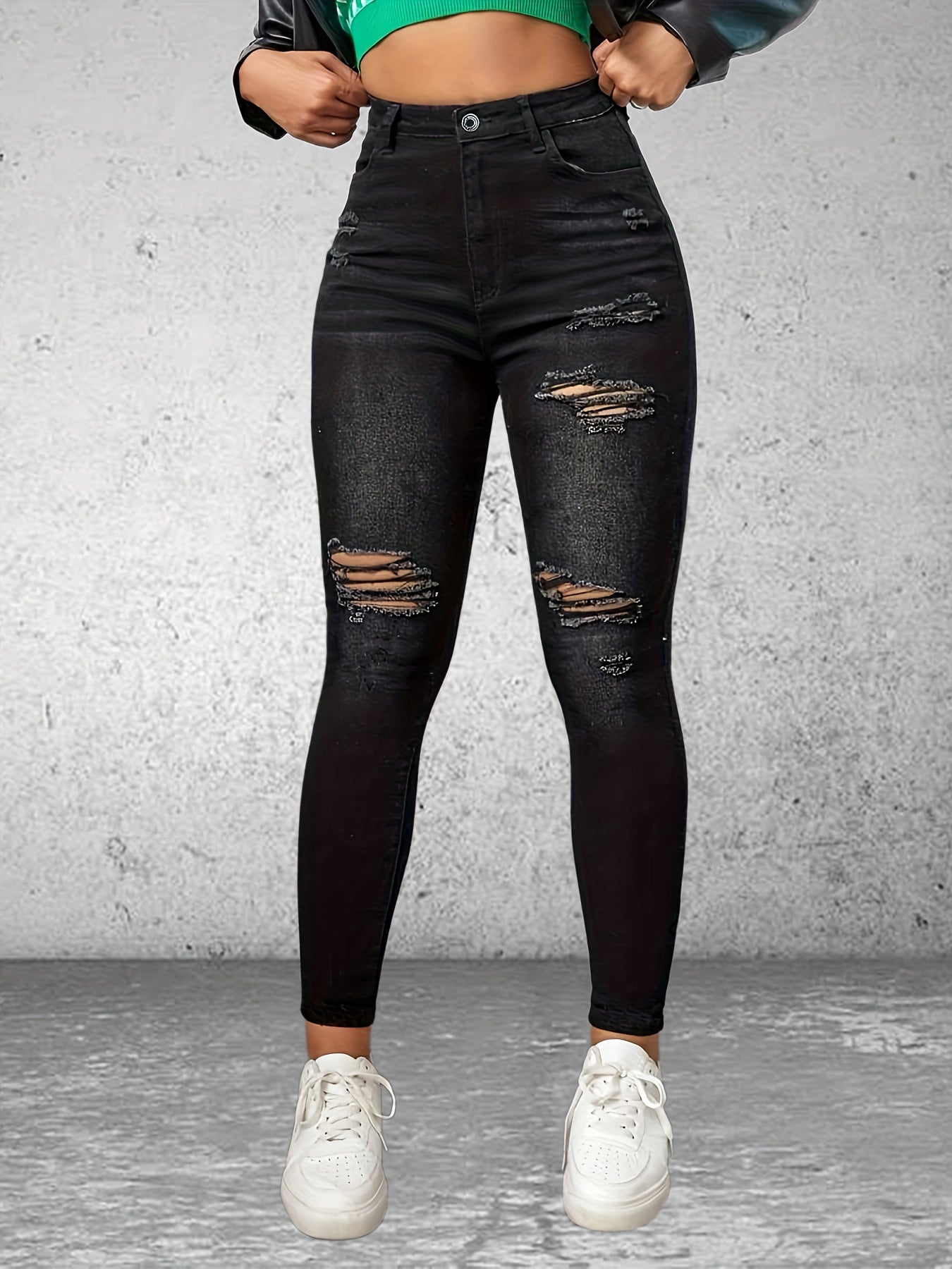 High Rise Ripped Skinny Jeans Water Ripple Embossed Denim Pants