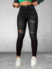 High Rise Ripped Skinny Jeans Water Ripple Embossed Denim Pants