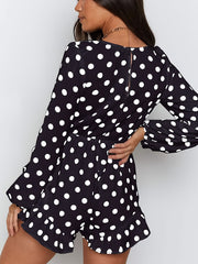 Polka Dot Surplice Neckline Jumpsuit Ruffle Trim Romper