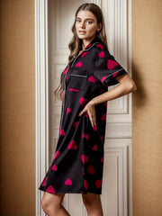 Heart Print Satin Nightdress Short Sleeve Button Sleep Dress