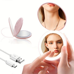 Mini Makeup Mirror with LED Light and Hand Pocket - Pink