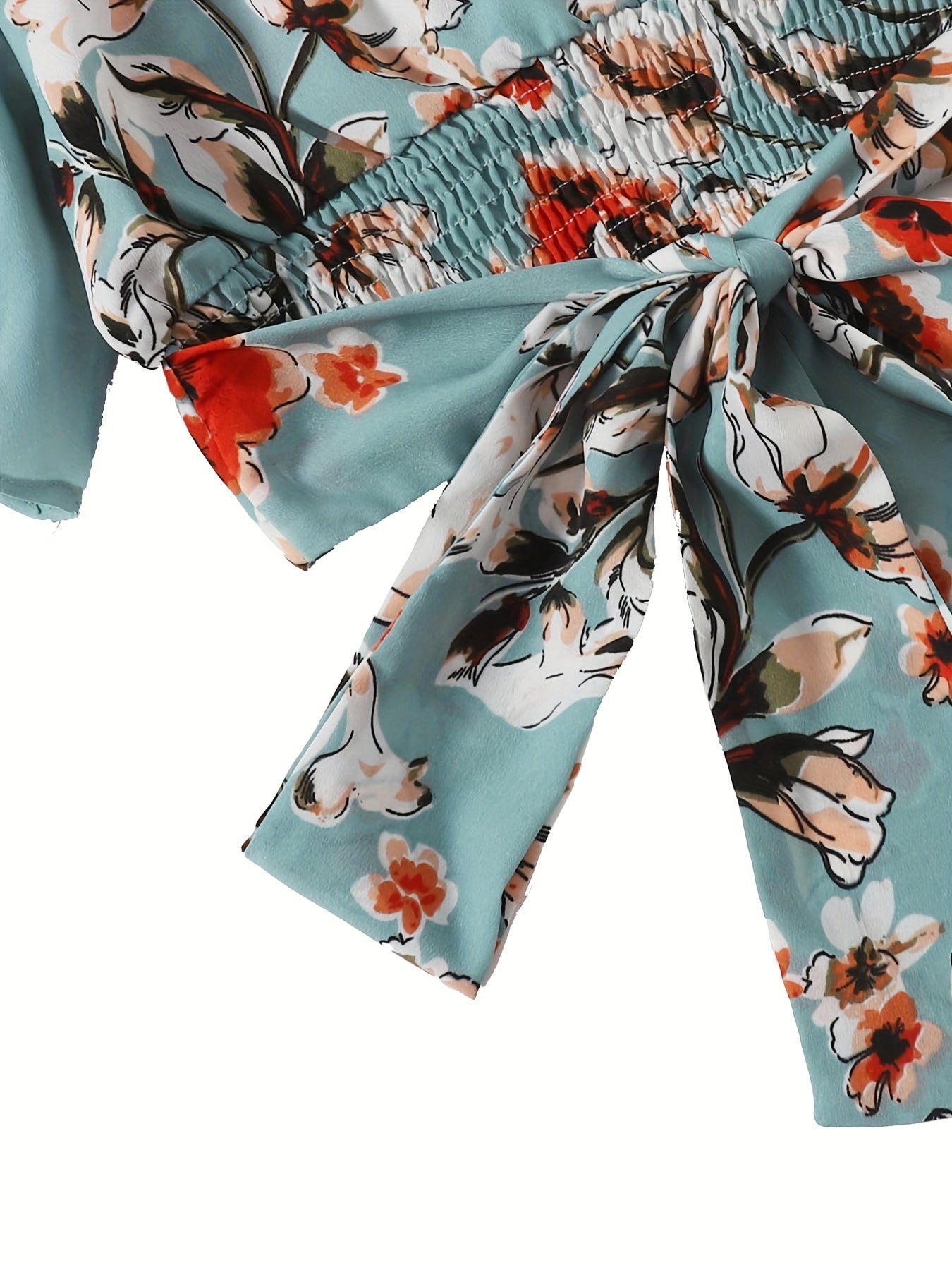 Vintage Floral Print 2pc Set V Neck Ruffle Trim Tops & Elastic Waist Shorts