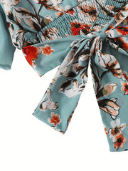 Vintage Floral Print 2pc Set V Neck Ruffle Trim Tops & Elastic Waist Shorts