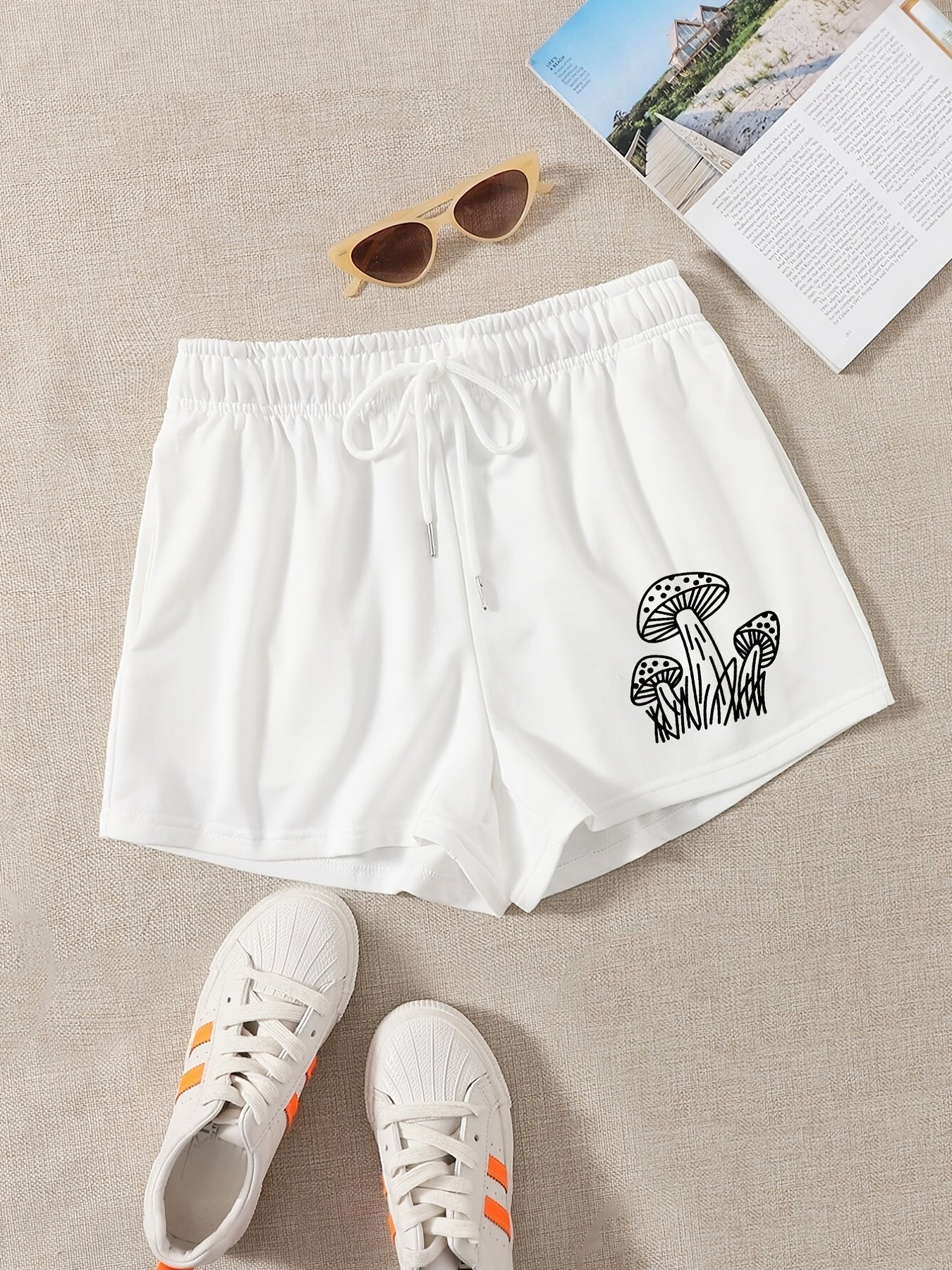 Mushroom Print Hotpants Drawstring Waist Shorts