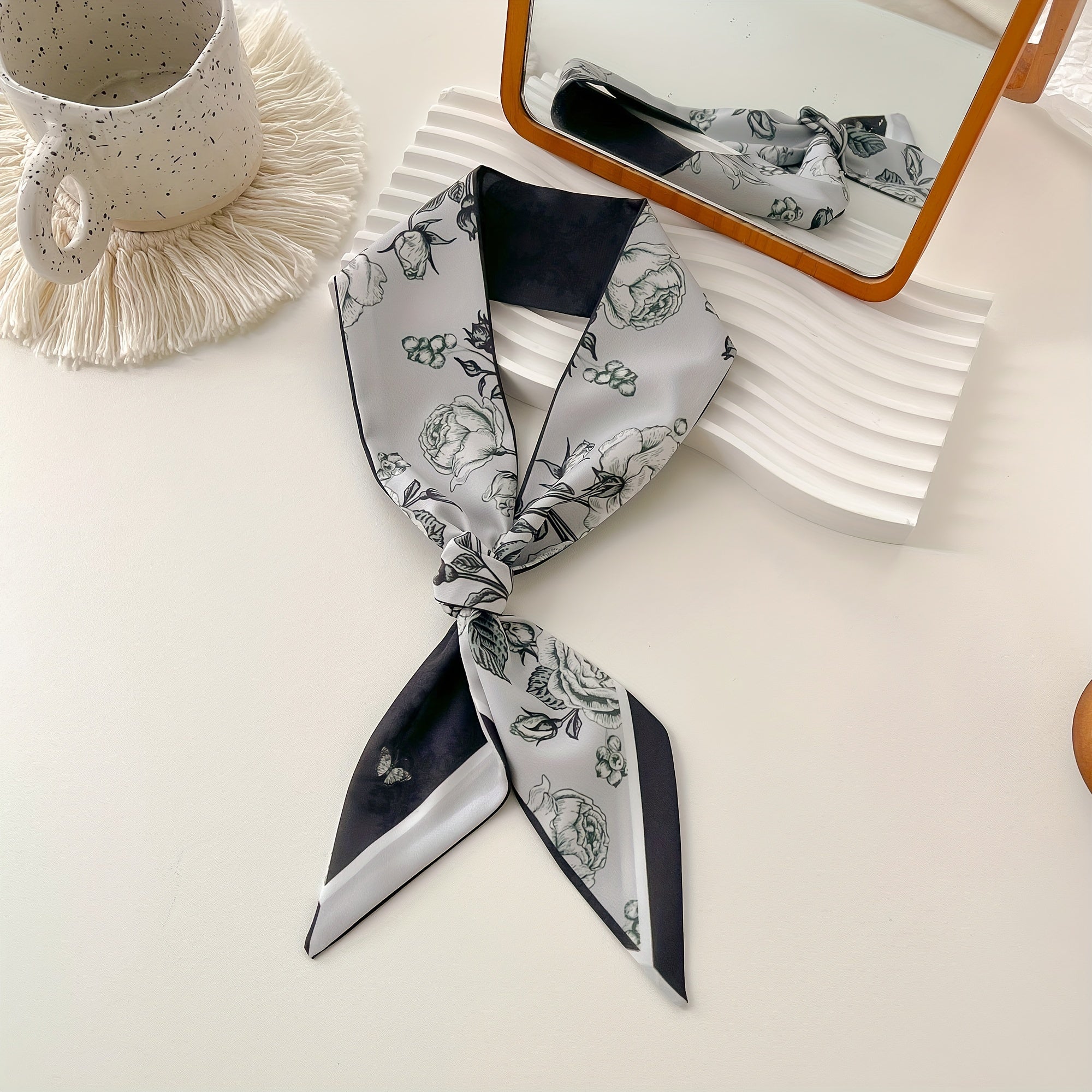Flower Print Skinny Scarf Double Side Long Ribbon Neckerchief Satin Twilly Scarf