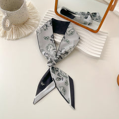 Flower Print Skinny Scarf Double Side Long Ribbon Neckerchief Satin Twilly Scarf