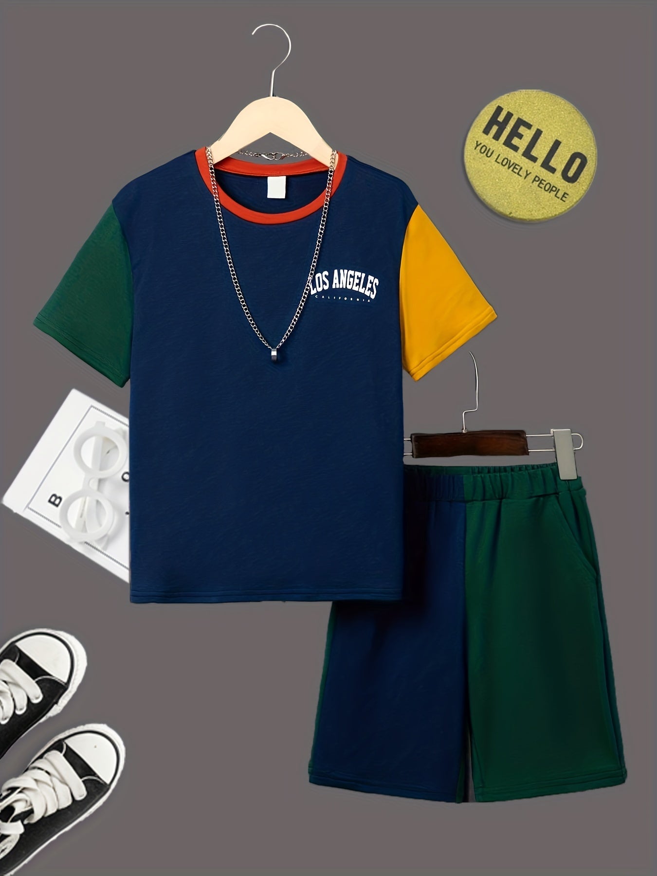 Boy's 2pcs T shirt & Elastic Waist Shorts Set LOS ANGELES Print Short Sleeve Top
