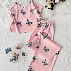 Butterfly Print Pajama Set V Neck Sleeveless Cami Top & Lounge Pants