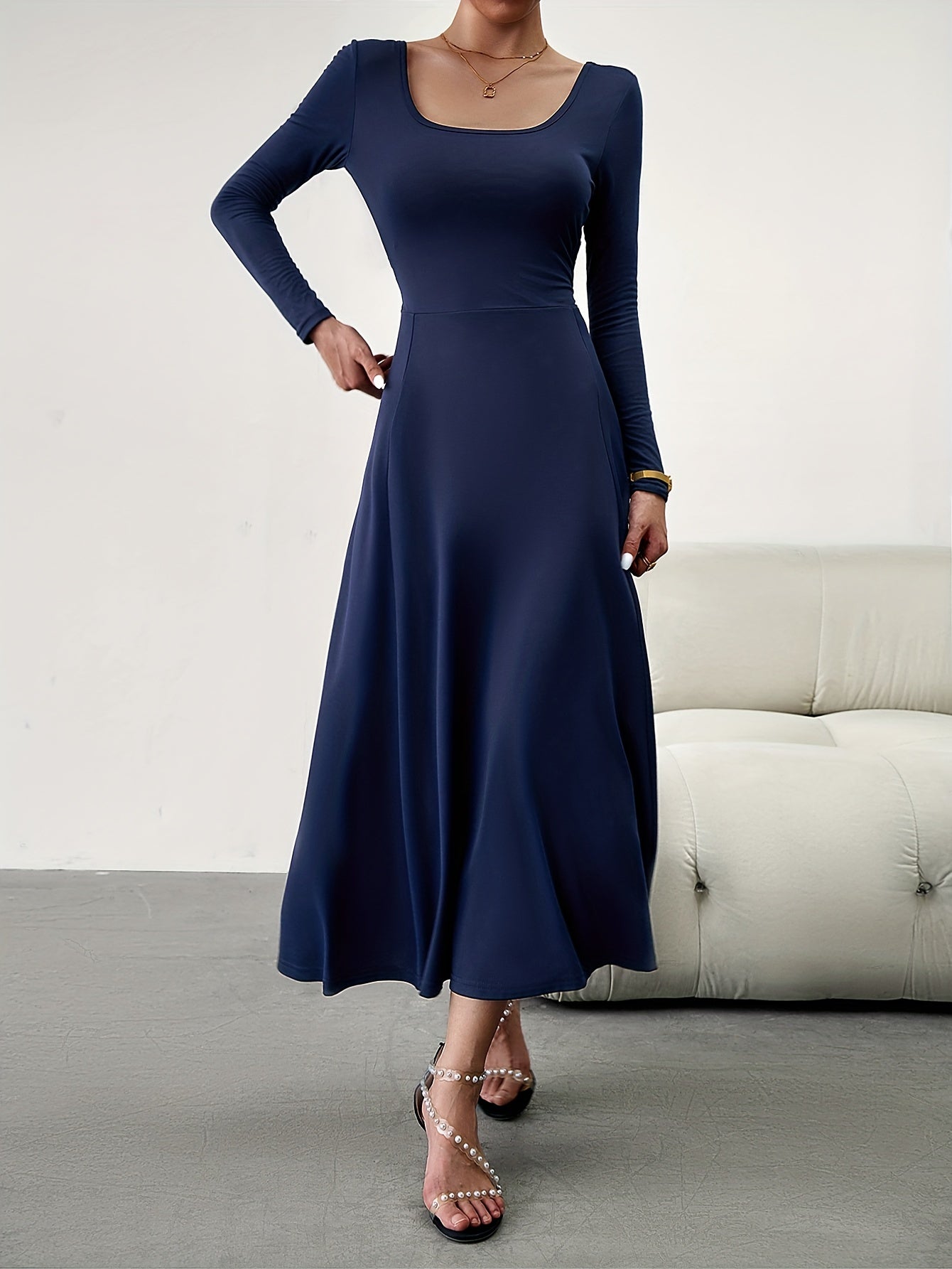 Solid Square Neck Maxi Dress Long Sleeve Women's Clothing