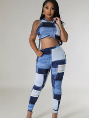 Denim Print Hooded Tank & Leggings Set