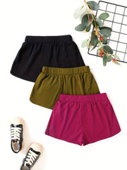 3pcs Girls Casual Sports Yoga Shorts Elastic High Waist Contrast Binding