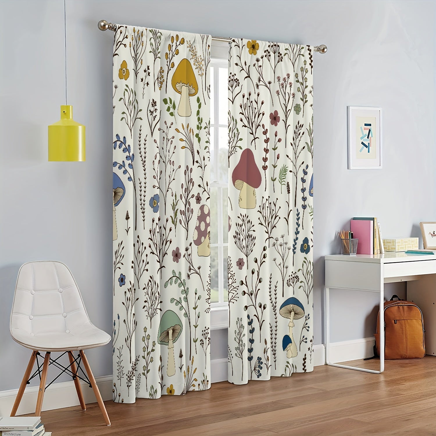 2pcs Mushroom Flowers Printed Window Curtains for Kids Bedroom