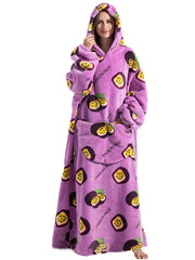 Passion Fruit Print Lounge Robe Long Sleeve Hooded Fuzzy Lounge Robe
