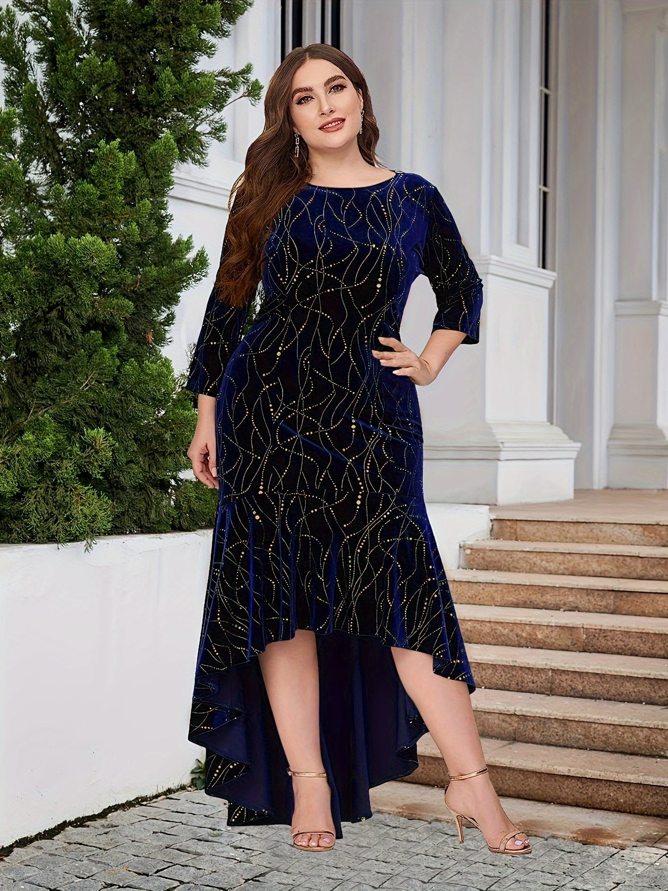 Golden Dot Print Velvet Plus Size Mermaid Dress