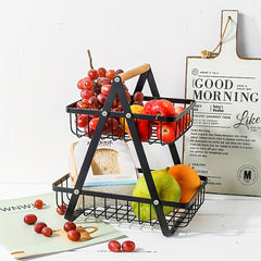 2 Tier Metal Storage Basket for Countertop with Wooden Handle