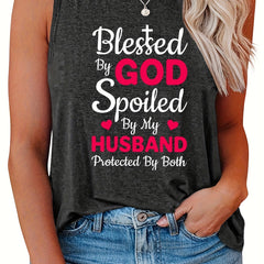 Heart & Letter Print Tank Top Round Neck
