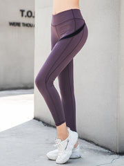Women's Dark Purple Patchwork Crop Pants High Waist Yoga Tights
