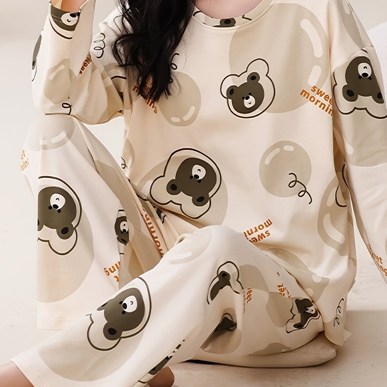 Bear Print Pajama Set Long Sleeve Crew Neck Top & Lounge Pants