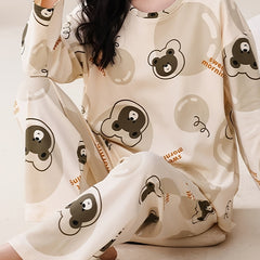 Bear Print Pajama Set Long Sleeve Crew Neck Top & Lounge Pants