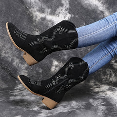 Embroidered Mid Calf Western Boots Block Heel Zipper Round Toe Shoes