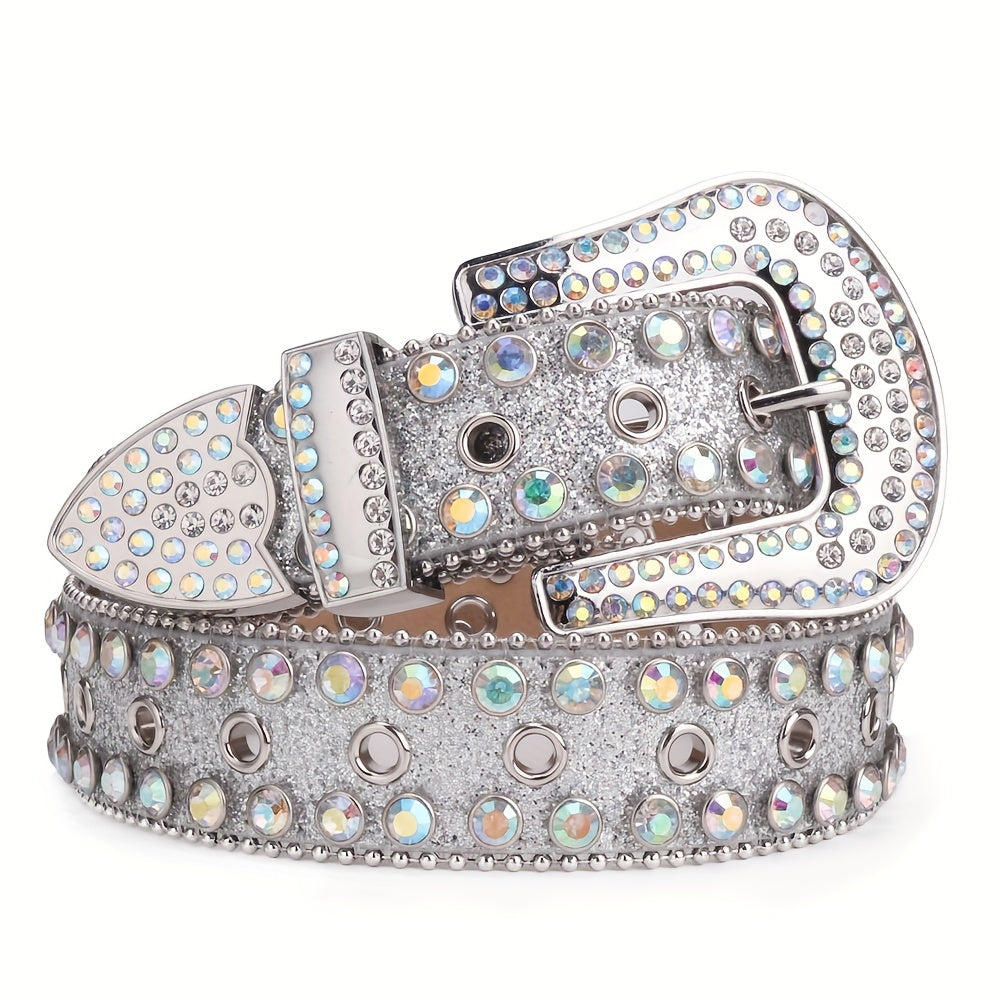 Sparkle Rhinestone Punk Western Studded Belts Women PU Leather Jeans
