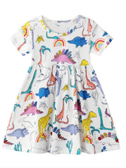 Girls Dinosaur Printed Crew Neck Dress Casual Summer Clothes