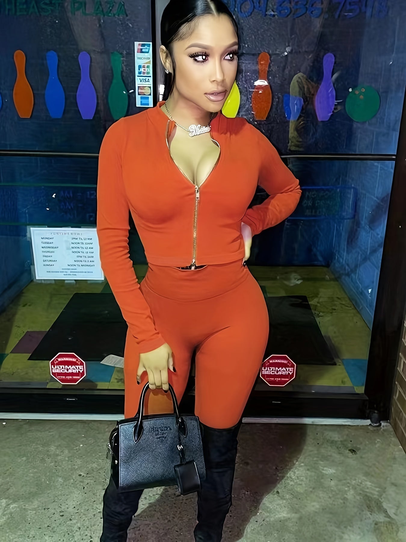 Casual Matching Two Piece Set Zip Up Slim Top & High Waist Pants Outfits