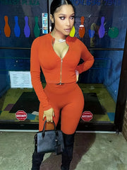 Casual Matching Two Piece Set Zip Up Slim Top & High Waist Pants Outfits