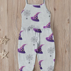 Toddler Girls Witch Hat Prints Halloween Cami Jumpsuit Romper
