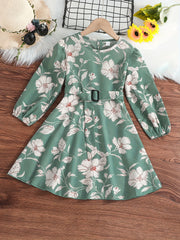 Floral Print Flounce Sleeve Belted Dress