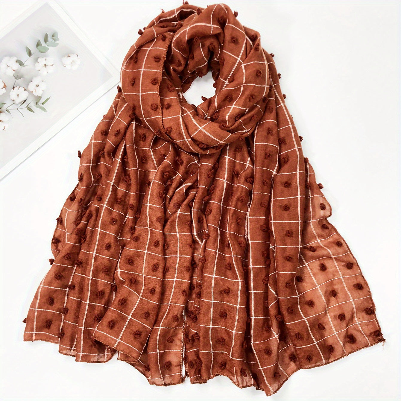Maroon Dotted Plaid Scarf Shawl Lightweight Casual Head Wraps Hijab Women Turban