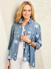 Dot & Stripe Print Button Up 3/4 Sleeve Ruffle Trim Shirt