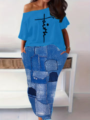 Women's Plus Size Letter Print One Shoulder Top & Midi Skirt Two Piece Set