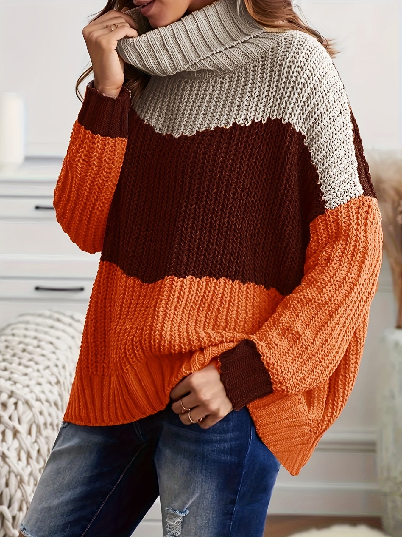 Colorblock Chunky Knit Top - High Neck Long Sleeve