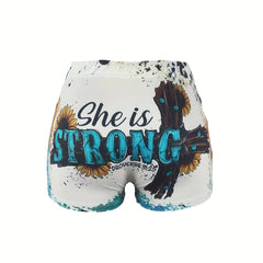 Letter & Sunflower Print Skinny Shorts for Women
