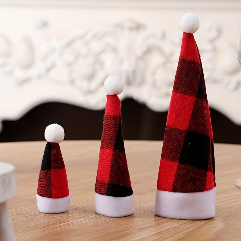 2pcs Christmas Props Red And Plaid Cloth Hats Mini Christmas Hat And Fork Set