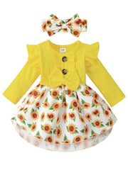 Floral Print Dress & Headband Set for Baby Girls