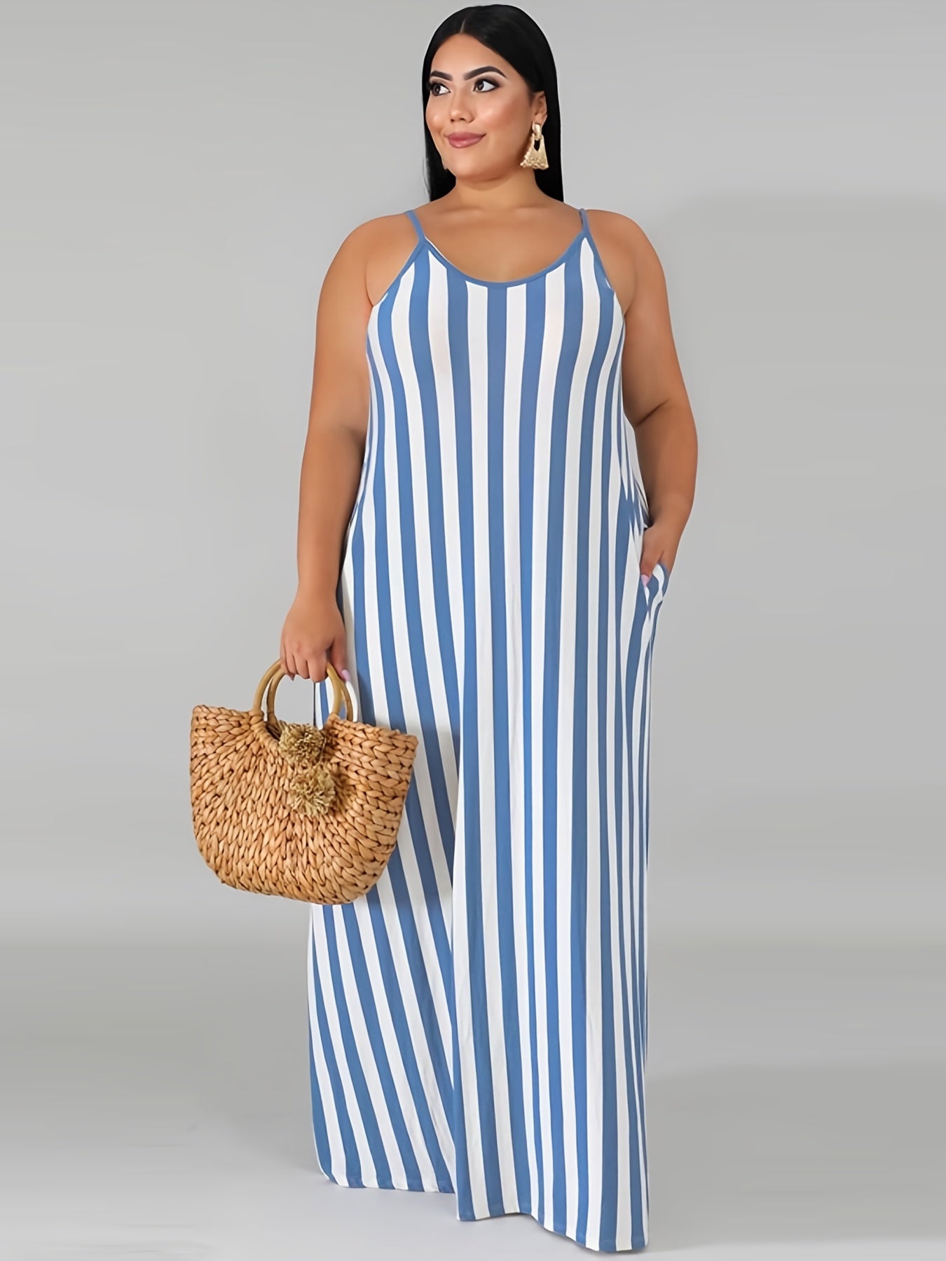 Strip Cami Maxi Dress With Pockets Women's Plus Medium Stretch