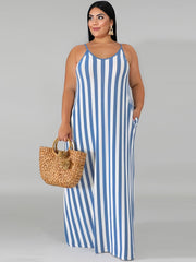 Strip Cami Maxi Dress With Pockets Women's Plus Medium Stretch