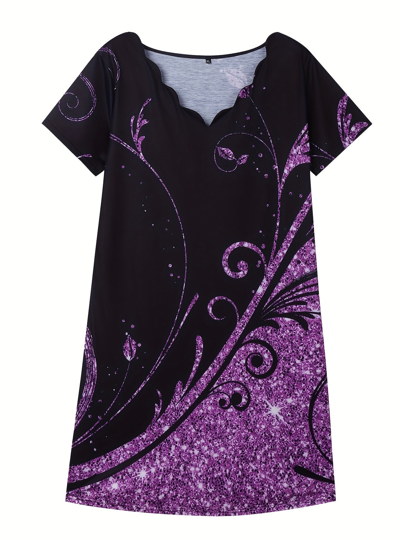 Plus Glitter Baroque Print V Neck Scallop Trim Dress