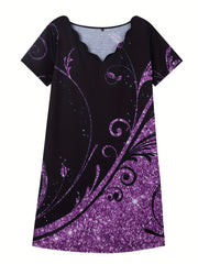Plus Glitter Baroque Print V Neck Scallop Trim Dress