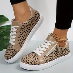 Leopard Print Skate Shoes Zipper Lace Up Low Top Sneakers Flat Walking Shoes