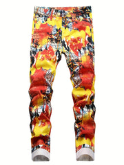 Boys Colorful Graffiti Streetwear Jeans Skinny Slim Fit Washed Denim Long Pants