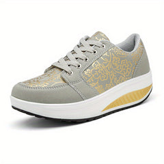Floral Pattern Wedge Sneakers Lace Up Thick Sole Walking Shoes