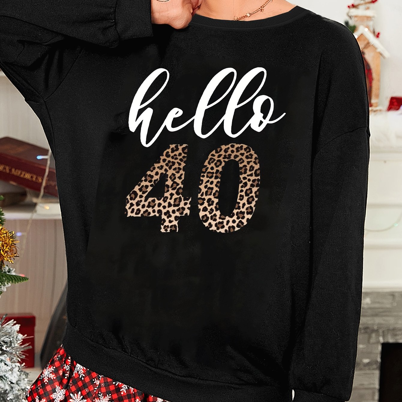 Plus Leopard Number & Letter Print Long Sleeve Lounge Top