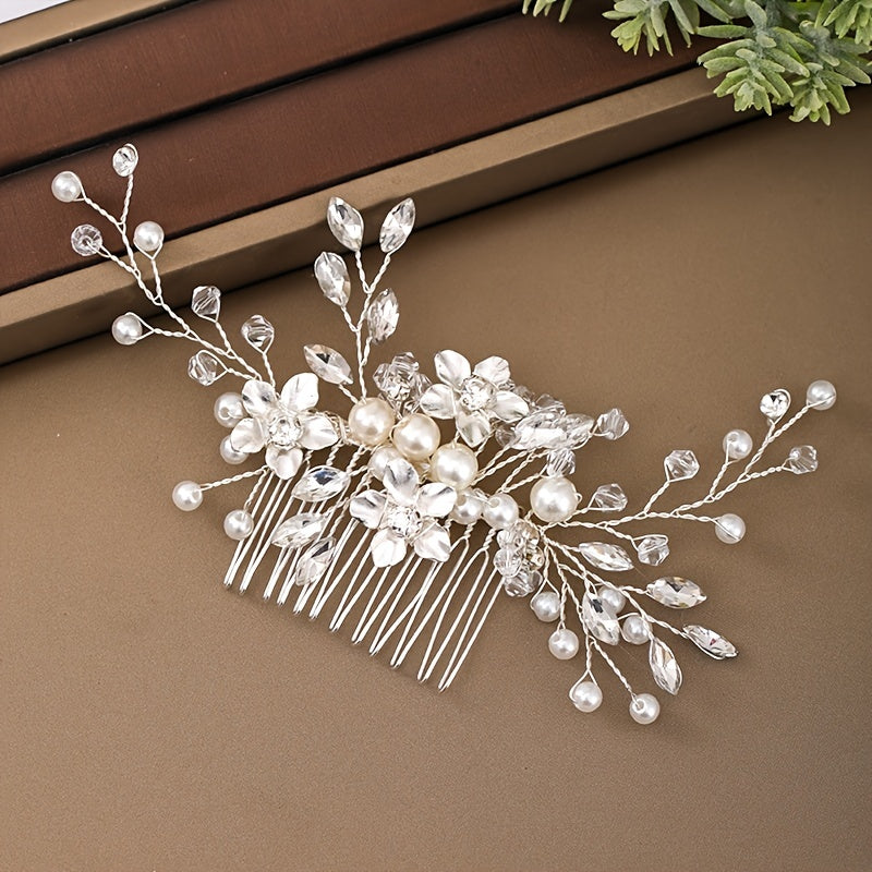 Silvery Flower Hair Comb Faux Pearl Rhinestone Bride Wedding Accessories